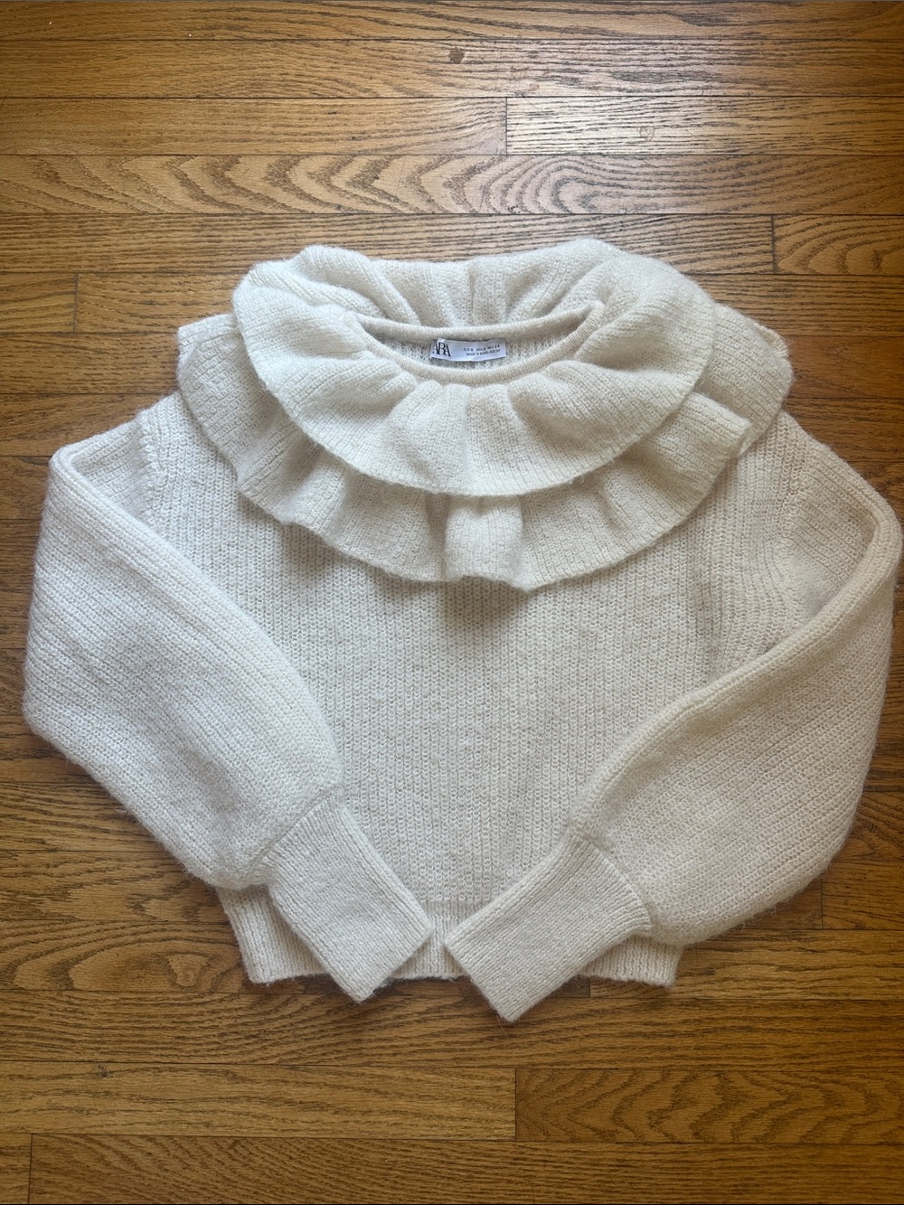 Zara Cream Ruffle Collar Crewneck Sweater
